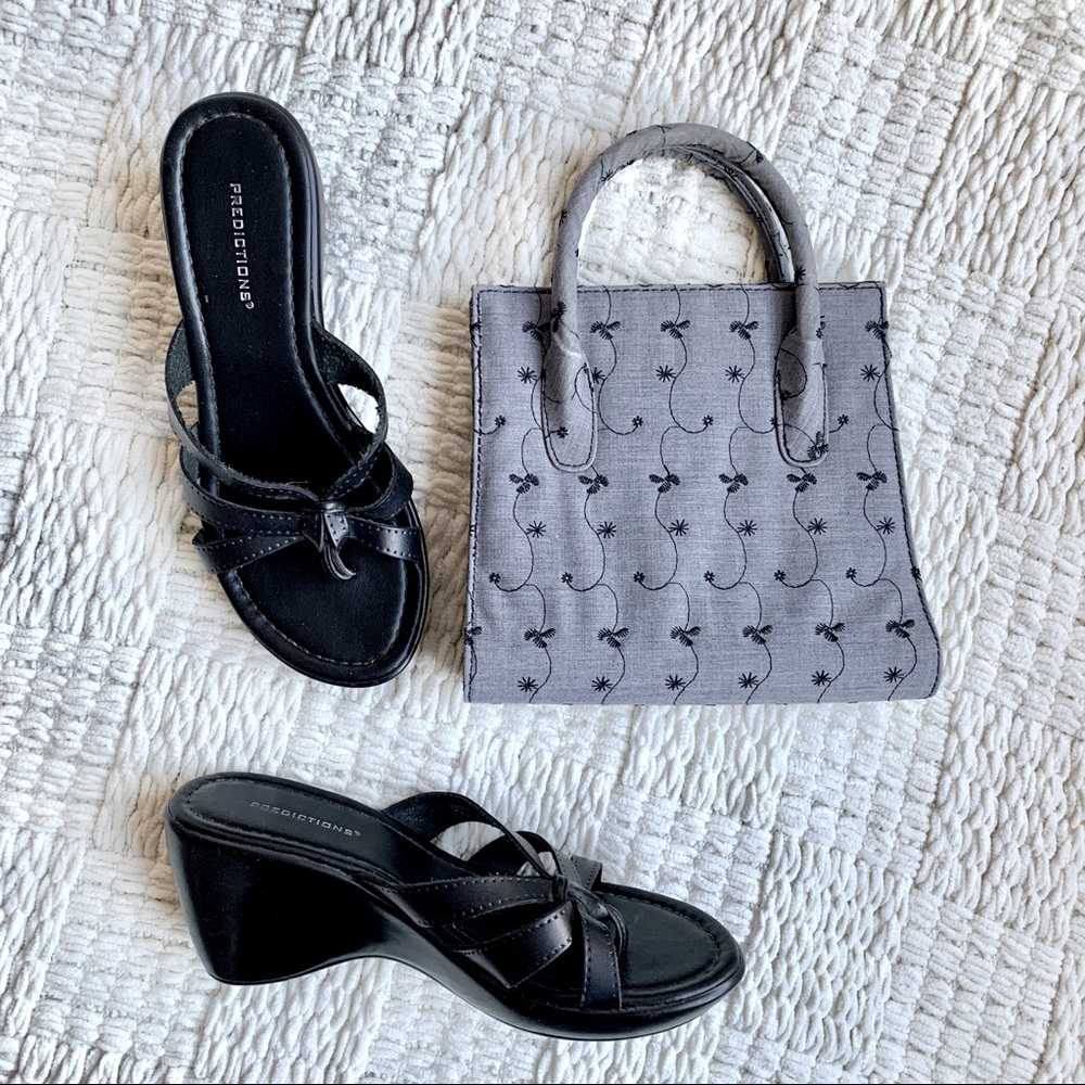 VINTAGE CLUELESS 2 PIECE BUNDLE GREY MINI PURSE BLACK WEDGE SANDLE